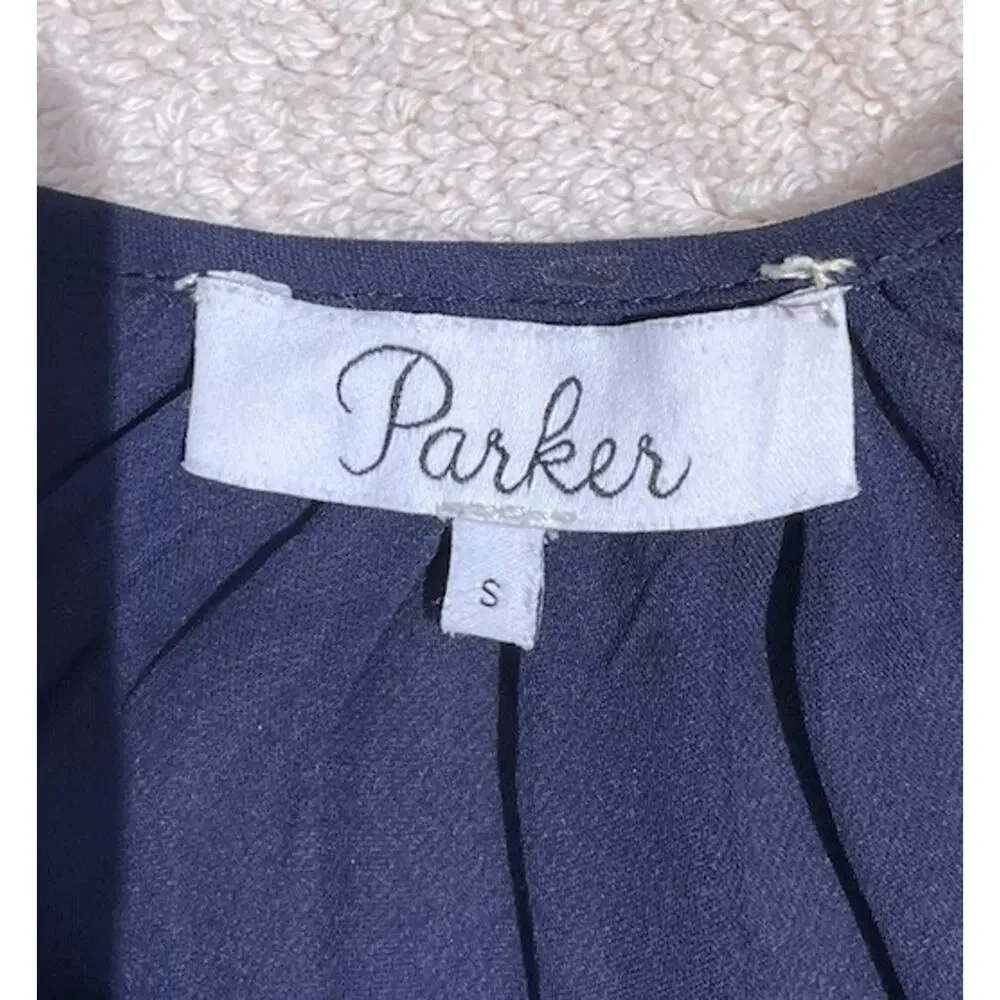 Parker Women 100% Silk Blouse Round Neck Tiered Sleeves Career Wear Navy Blue S - Picture 9 of 11